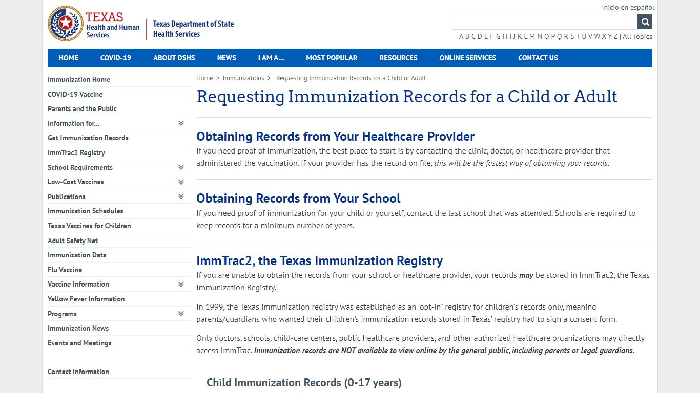 Requesting Immunization Records for a Child or Adult - Texas